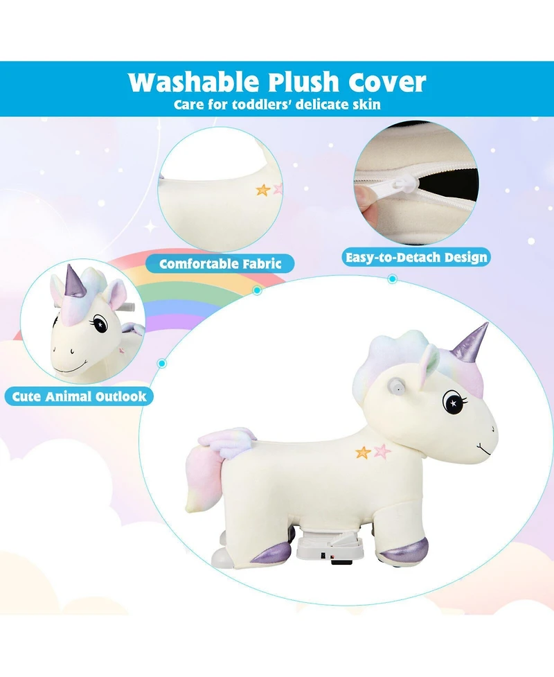 Akiudex 6V Plush Animal Ride-On Toy Car with Music and Washable Cover for Kids