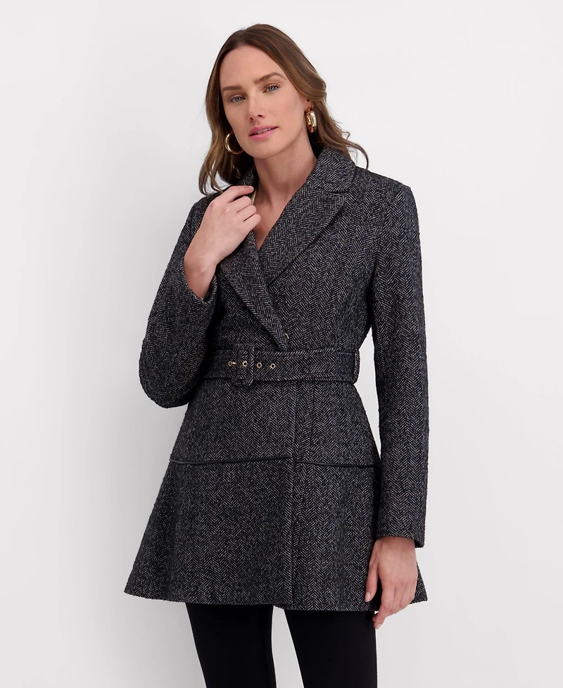 Kensie Women's Belted Herringbone Tweed Skirted Wool Jacket