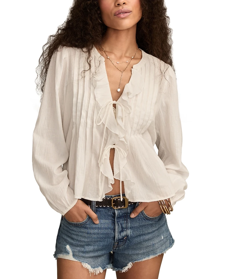 Lucky Brand Women's Long Sleeve Ruffle Flyaway Top