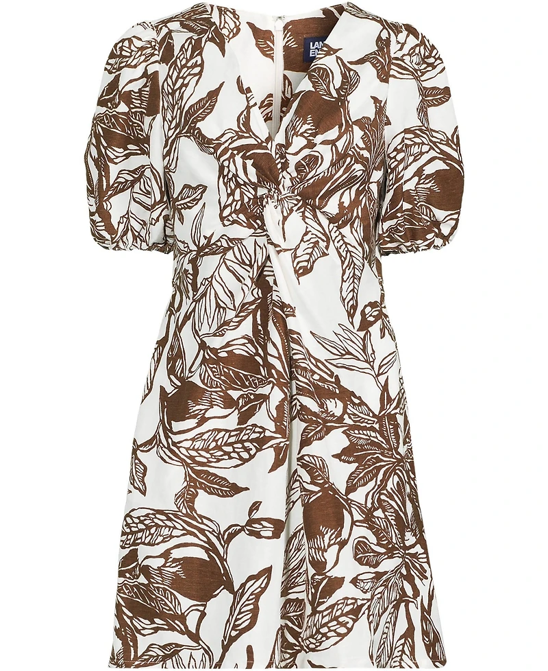 Lands' End Women's Tall Linen Above the Knee Puff Sleeve Dress