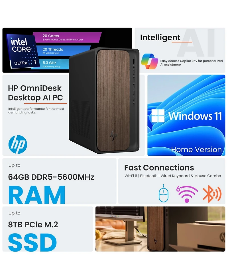 Hp OmniDesk Premium Tower Desktop Intel Core Ultra 7 265 16GB Ram Intel Graphics 512GB Ssd Storage Windows 11 Home - Black