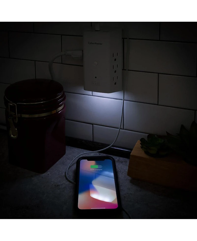 CyberPower P6WUCL 6-Outlet Wall Mount Surge Protector with Usb and Night Light, White