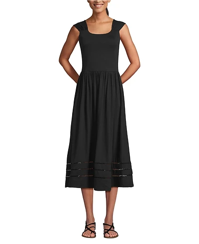Lands' End Women's Slub Cap Sleeve Shirred Skirt Midi Dress