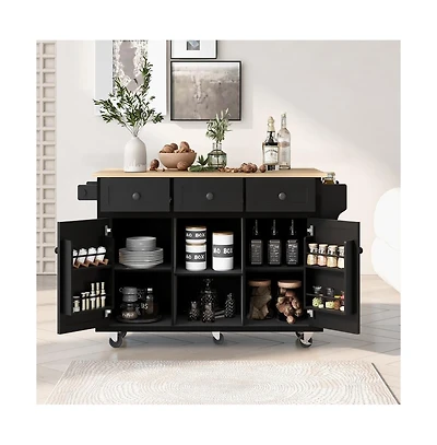Maison Boucle Kitchen Island Cart with Drop Leaf, Rubber Wood Top, 3 Drawers & Internal Racks, Rolling Storage on Wheels-Maison