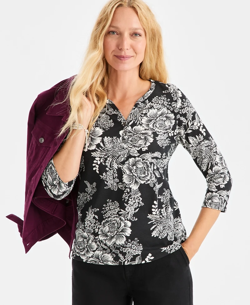 Style & Co Petite Holiday Floral 3/4-Sleeve Henley Tee, Macy's Exclusive