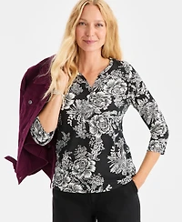 Style & Co Petite Holiday Floral 3/4-Sleeve Henley Tee, Macy's Exclusive