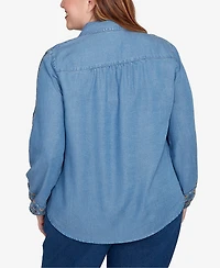 Alfred Dunner Plus Sunset Canyon Needlepoint Embroidered Button Front Top