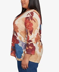 Alfred Dunner Plus Size Sunset Canyon Dramatic Abstract Floral Asymmetrical Top