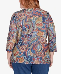 Alfred Dunner Plus Sunset Canyon Stitched Floral Pleated Neck Top