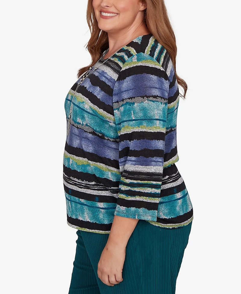 Alfred Dunner Plus Lake Champlain Biadere Melange Stripe Top with Necklace