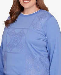 Alfred Dunner Plus Size Casual Vibe Embroidered Patchwork Long Sleeve Top