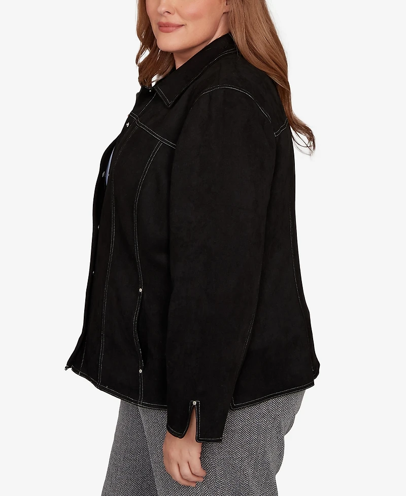 Alfred Dunner Plus Jet Setter Print Lining Faux Suede Jacket