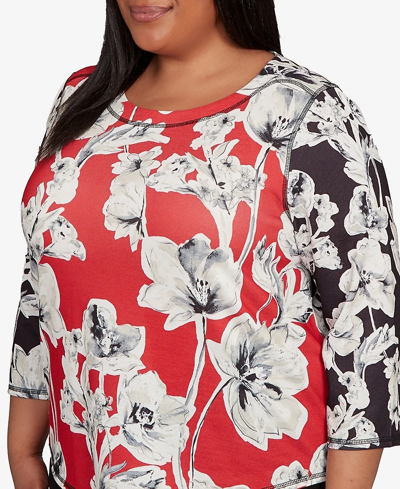 Alfred Dunner Plus Jet Setter Dynamic Floral Vintage Watercolor Top