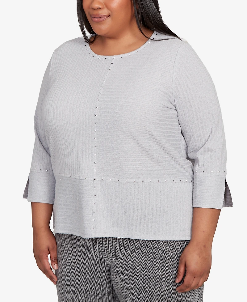 Alfred Dunner Plus Jet Setter Heat Set Embellished Solid Knit Top