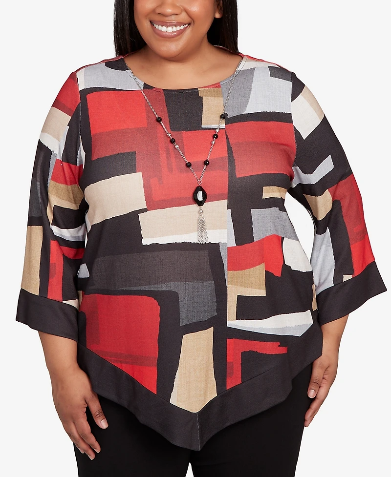 Alfred Dunner Plus Jet Setter Knit Colorblock Top with Necklace