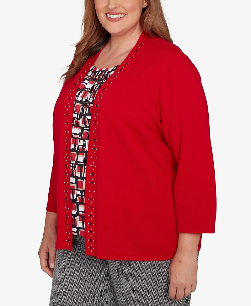 Alfred Dunner Plus Jet Setter Geometric Inner Two One Sweater