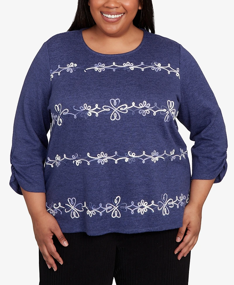 Alfred Dunner Plus Lake Champlain Embroidered Scroll Ruched Sleeve Top