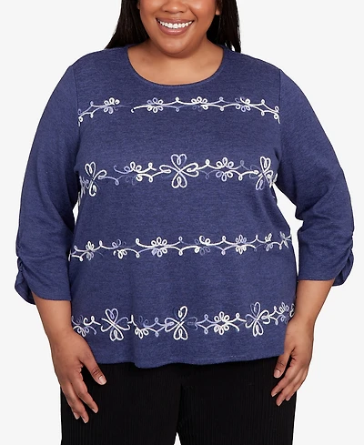 Alfred Dunner Plus Lake Champlain Embroidered Scroll Ruched Sleeve Top