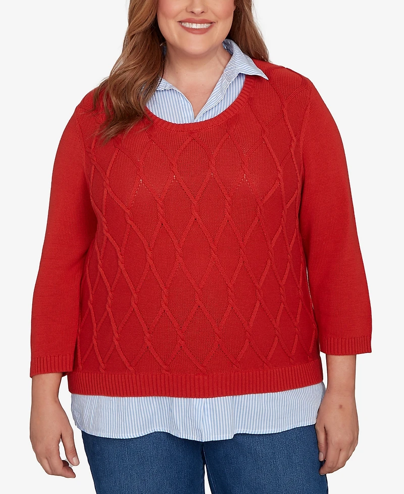 Alfred Dunner Plus Sunset Canyon Stitched Cable Stripe Woven Trim Sweater