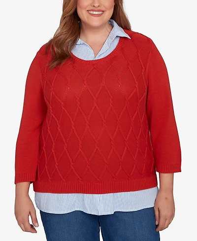 Alfred Dunner Plus Sunset Canyon Stitched Cable Stripe Woven Trim Sweater