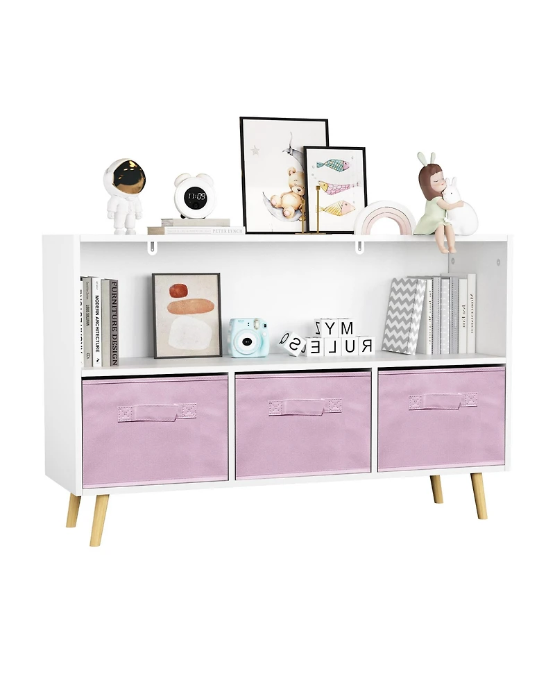 Jujabu 35 in. Wide White/ Kids Bookcase with Collapsible Fabric Drawers, Children's Book Display