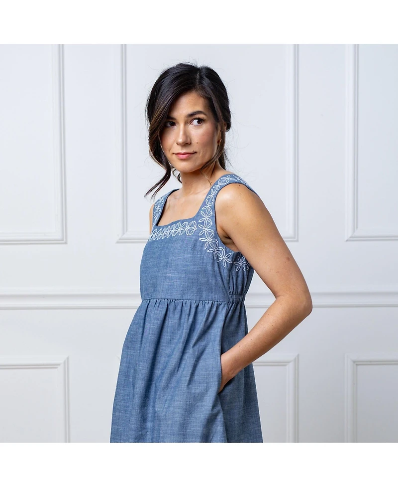 Hope & Henry Women's Organic Sleeveless Chambray Dress with Embroidery