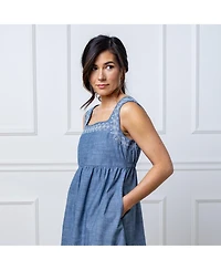 Hope & Henry Women's Organic Sleeveless Chambray Dress with Embroidery