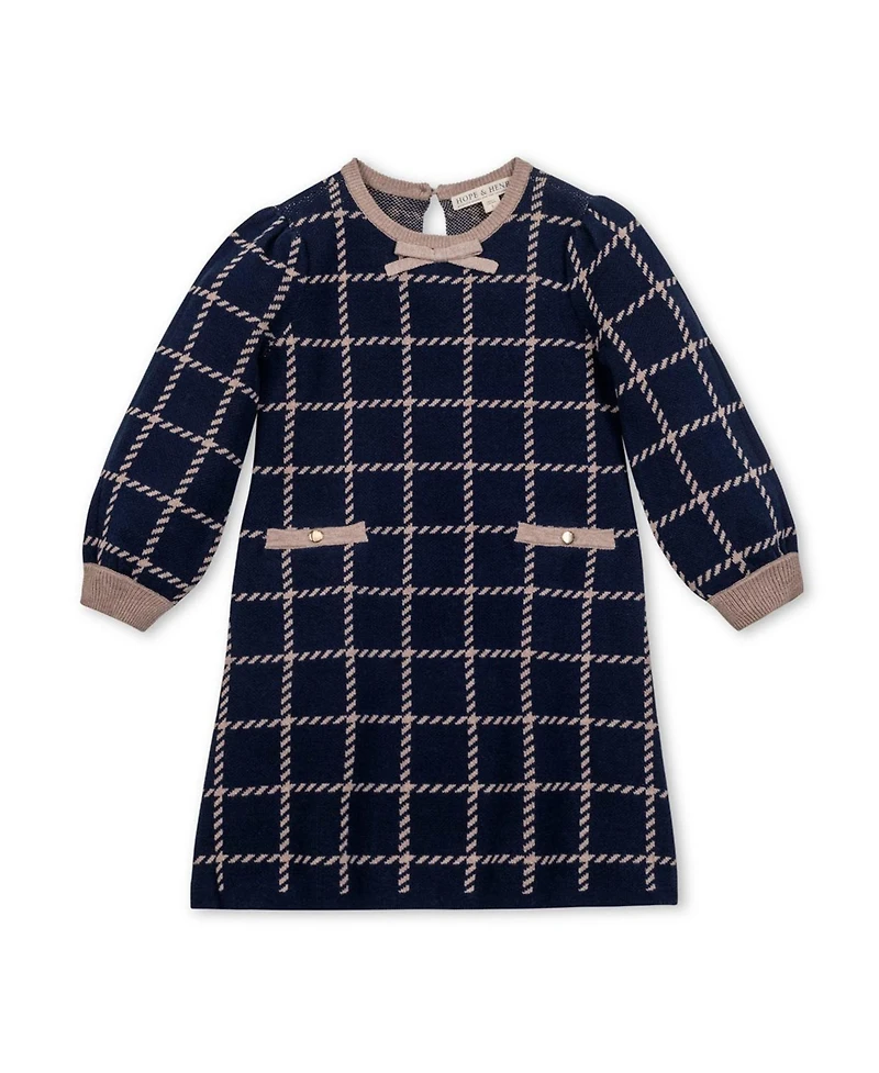 Hope & Henry Little and Big Girls' Organic Puff Sleeve Bow Detail Intarsia Sweater Dress