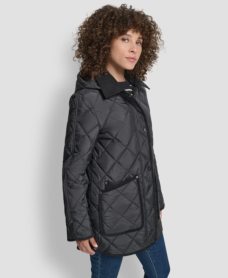 Dkny Women's Corduroy Collar Hooded Quilted Coat
