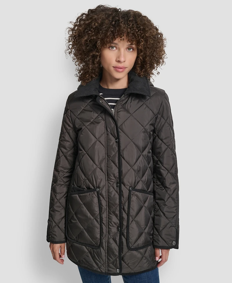 Dkny Women's Corduroy Collar Hooded Quilted Coat