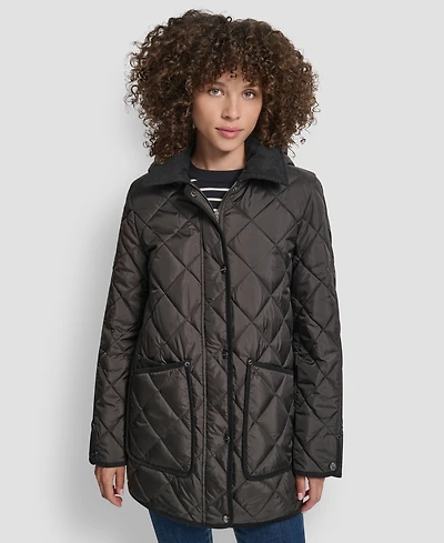 Dkny Women's Corduroy Collar Hooded Quilted Coat
