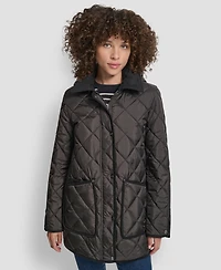 Dkny Women's Corduroy Collar Hooded Quilted Coat