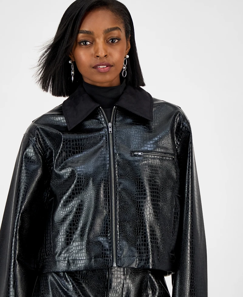 Bar Iii Women's Embossed Faux Leather Cropped Jacket, Macy's Exclusive