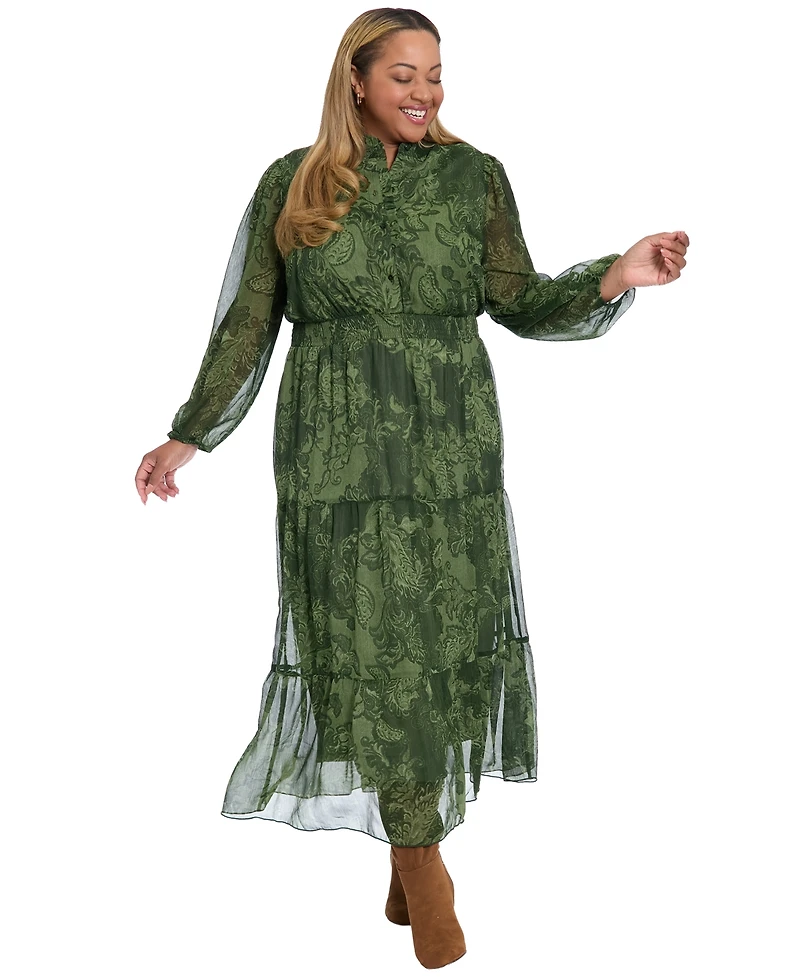 London Times Plus Printed Long Sleeve A-Line Dress