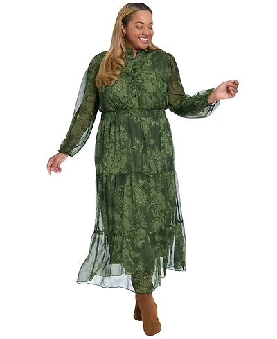 London Times Plus Printed Long Sleeve A-Line Dress