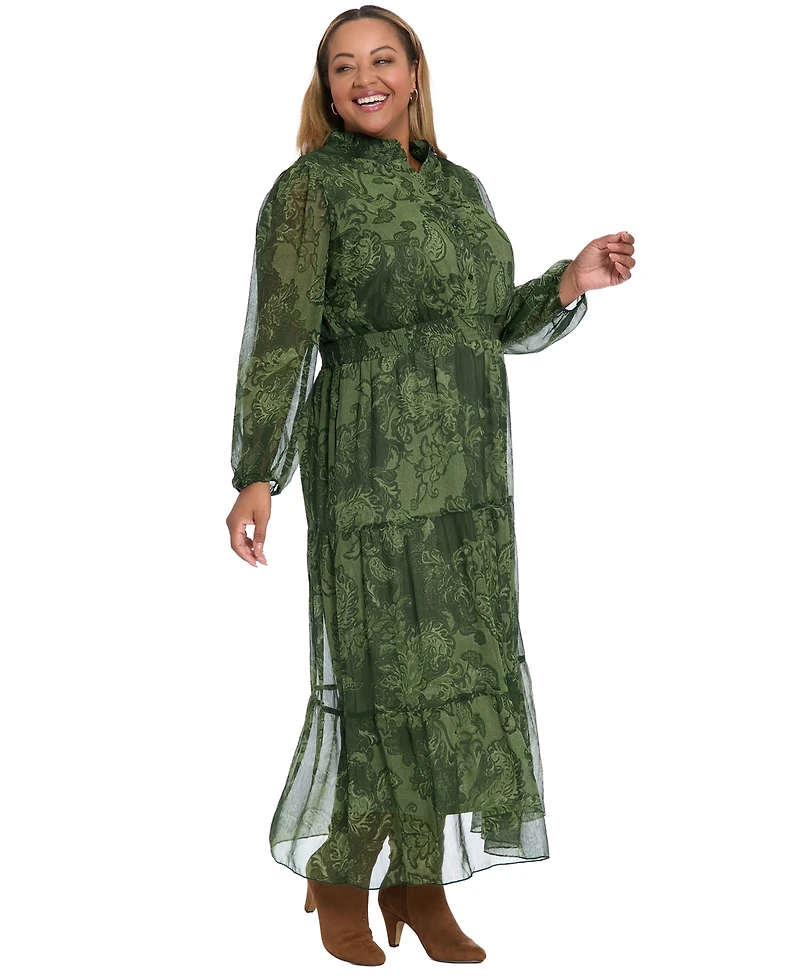 London Times Plus Printed Long Sleeve A-Line Dress