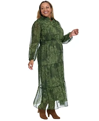 London Times Plus Printed Long Sleeve A-Line Dress