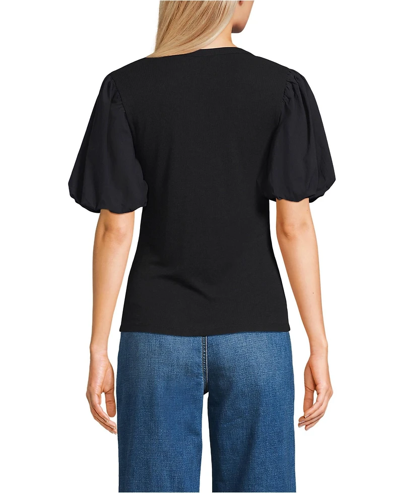 Lands' End Women's Drapey Rib Puff Sleeve Scoop Neck Top