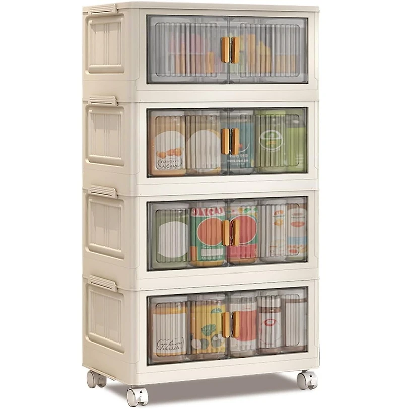 gaomon Stackable Storage Bins With Lids, 4-Tier Folding Storage Box,With Doors and Wheels, Collapsible Plastic Storage Bins- for Clothing, Toys
