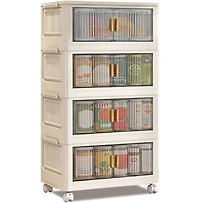 gaomon Stackable Storage Bins With Lids, 4-Tier Folding Storage Box,With Doors and Wheels, Collapsible Plastic Storage Bins- for Clothing, Toys