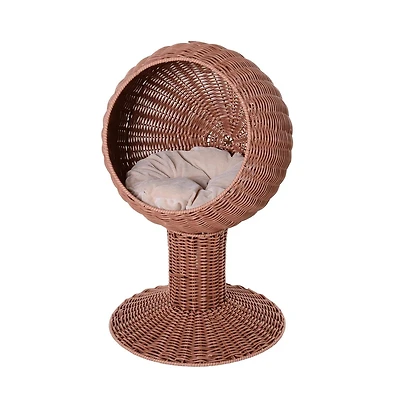 Zeus & Ruta Rattan Egg Chair Cat Bed with Cushion in Brown