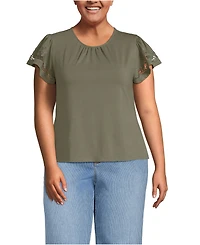 Lands' End Women's Plus Lightweight Jersey Crew Neck Ruffle Sleeve Flowy Top