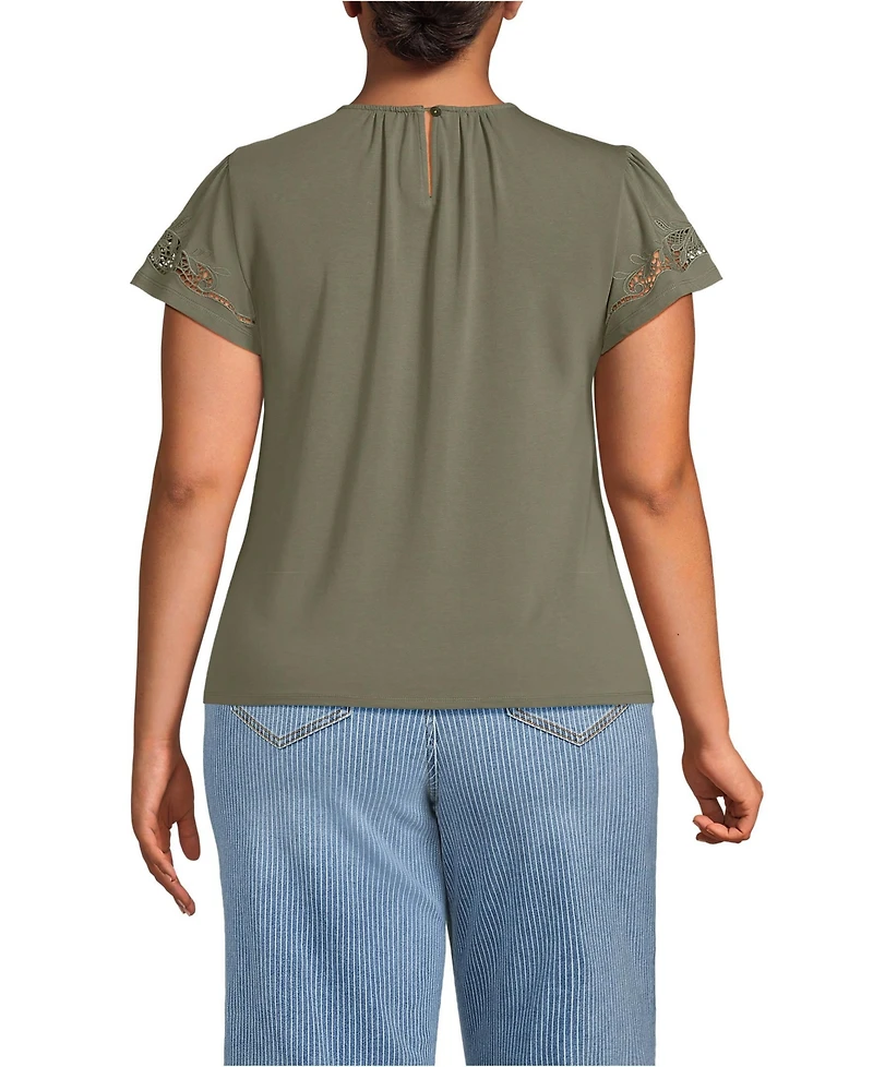 Lands' End Women's Plus Lightweight Jersey Crew Neck Ruffle Sleeve Flowy Top