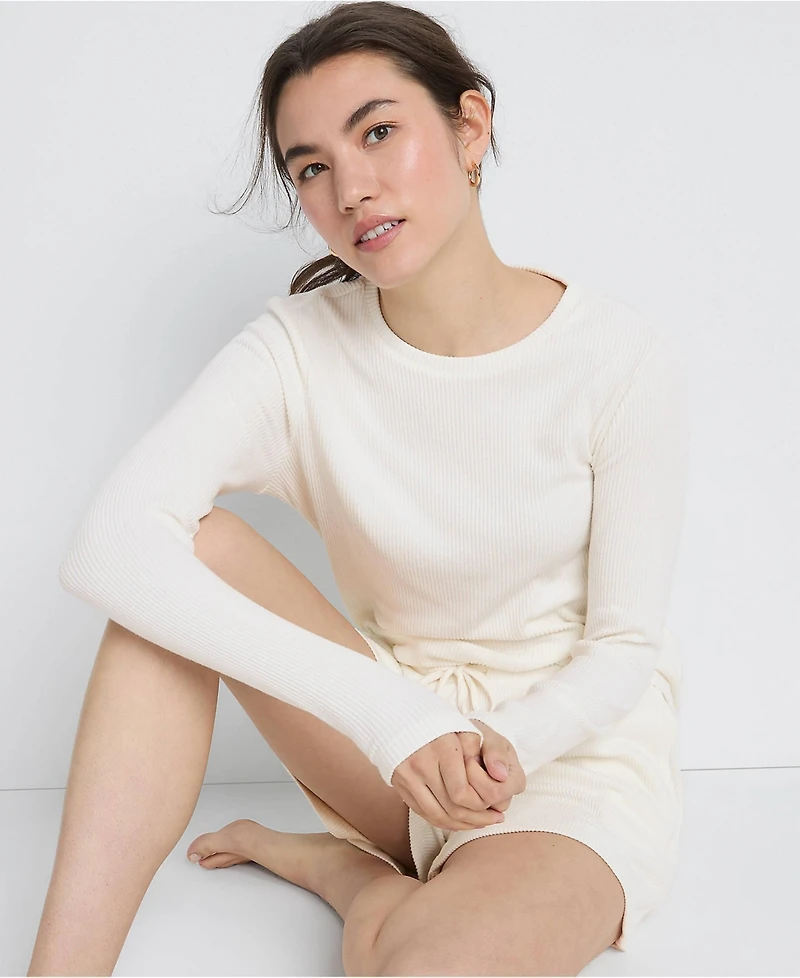 Lands' End Women's Cozy Brushed Rib 2 Piece Pajama Set - Long Sleeve Top and Shorts