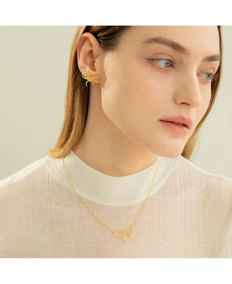 Sterling Silver 18k Gold Plated Colette Chic Bow Necklace & Stud Earrings Set