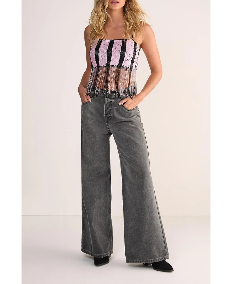 Nasty Gal Women's Stripe Sequin Tassel Crop Top