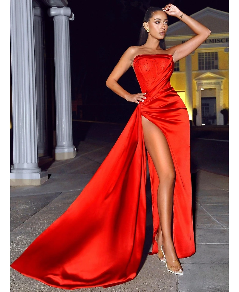 Miss Circle Women Holly Crystallized Corset High Slit Satin Gown