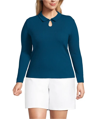 Lands' End Plus Long Sleeve Pointelle Rib Keyhole Polo Top