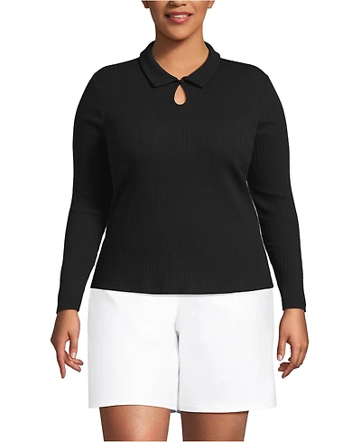 Lands' End Plus Long Sleeve Pointelle Rib Keyhole Polo Top