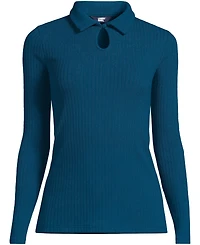 Lands' End Plus Long Sleeve Pointelle Rib Keyhole Polo Top